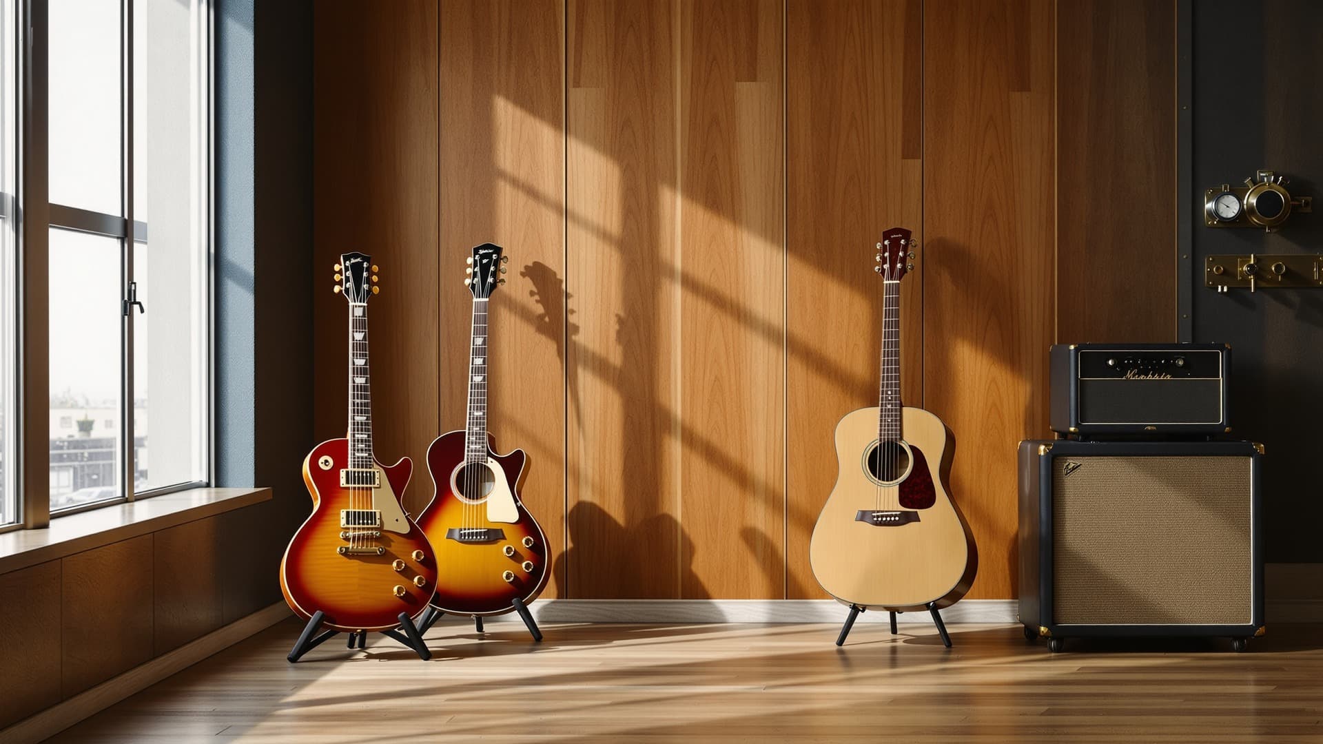 Vintage guitars and amplifiers displayed in a warm, curated showroom