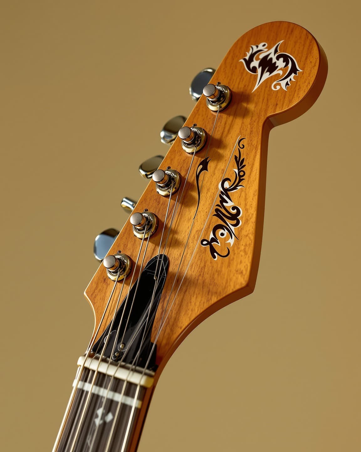 Close-up detail of a vintage guitar's headstock showing aged tuning pegs and honey-colored lacquer