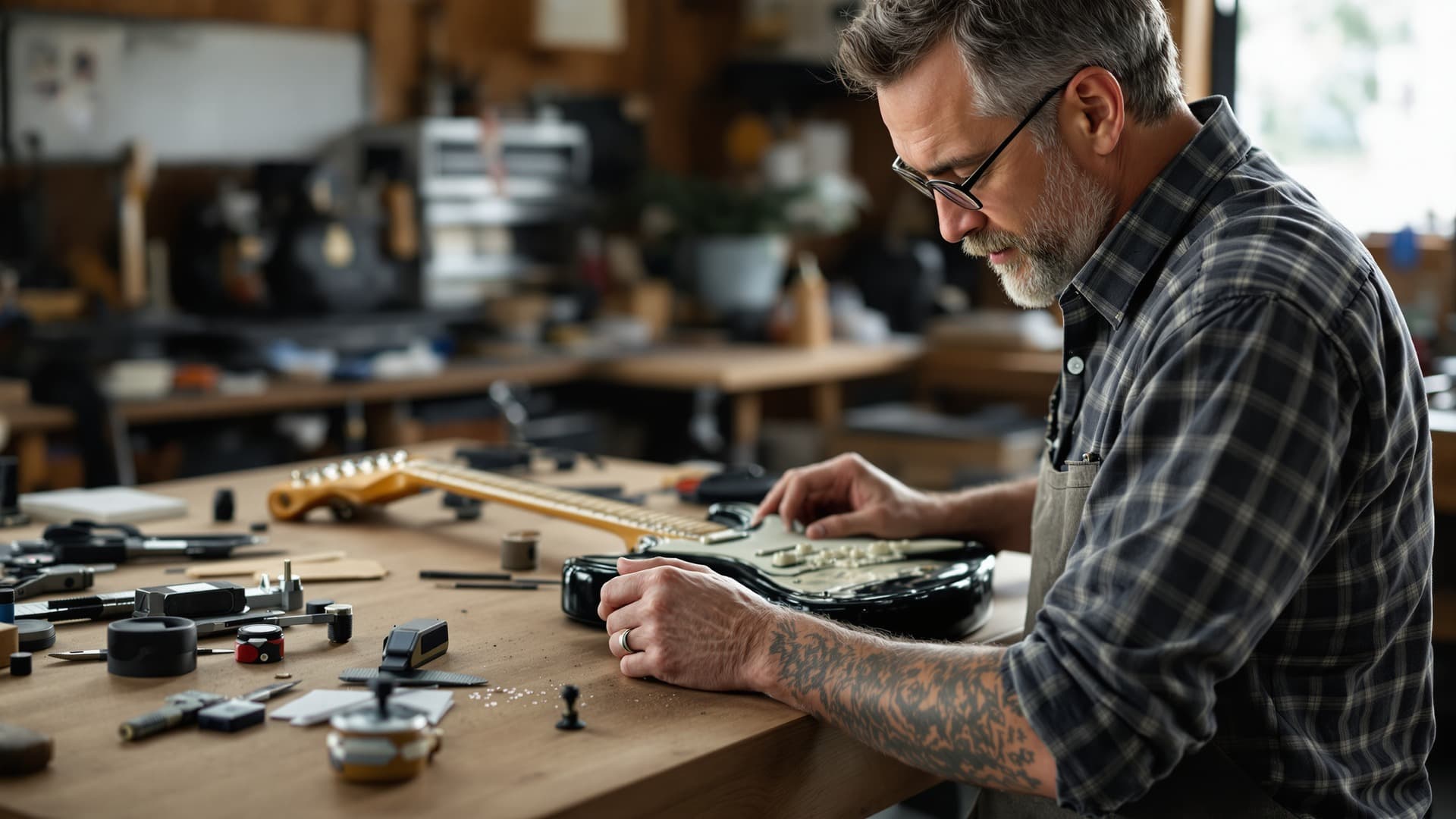 A guitar specialist carefully examining a vintage electric guitar in a well-lit workshop